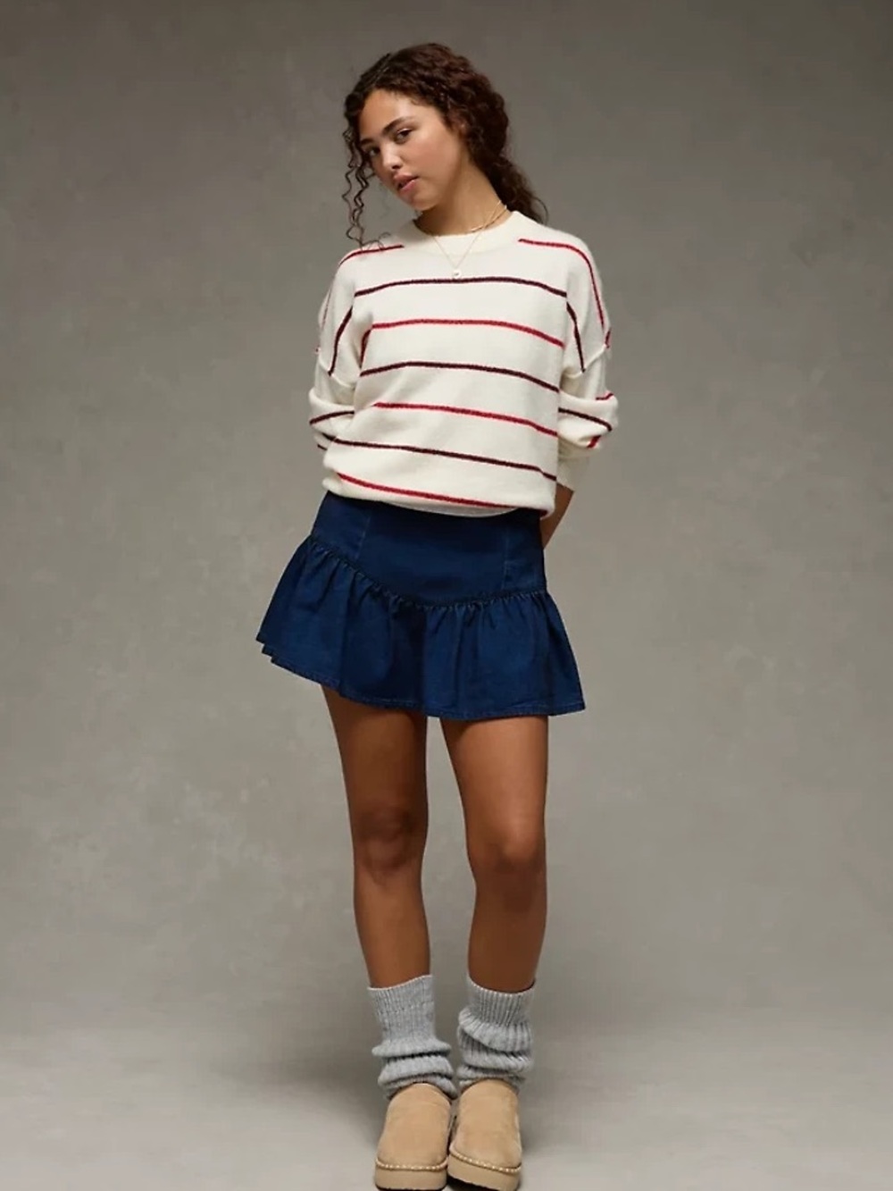 NWT American Eagle High-Rise Mini Skirt Dark Blue Denim Ruffle Pleated 10